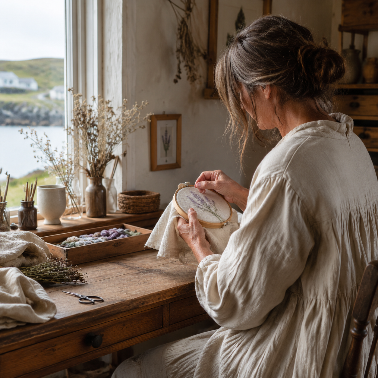 Iona MacRae at her workbench, embroidering a small hoop
