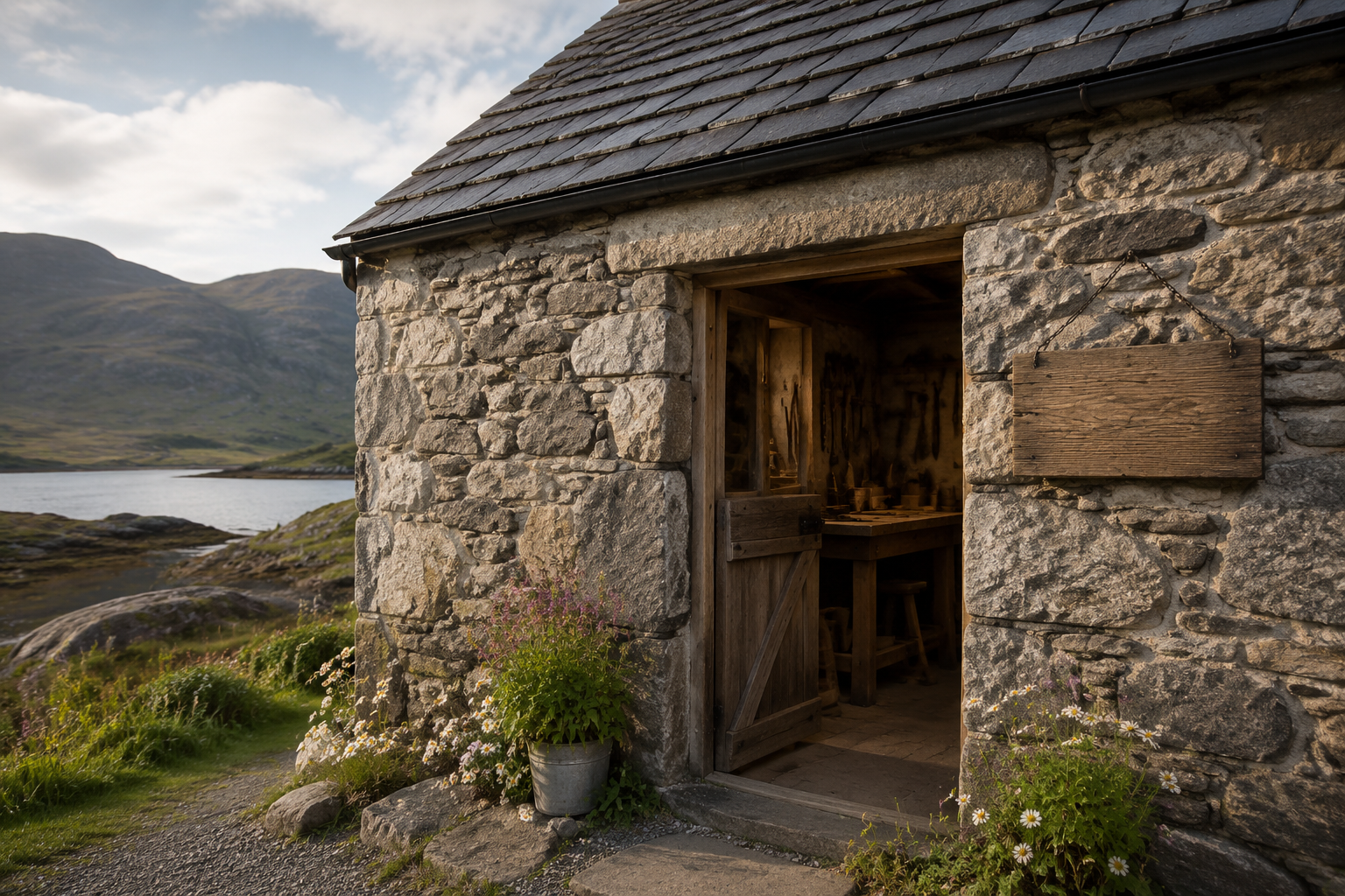 The exterior of our small stone workshop in Elgin, Scotland