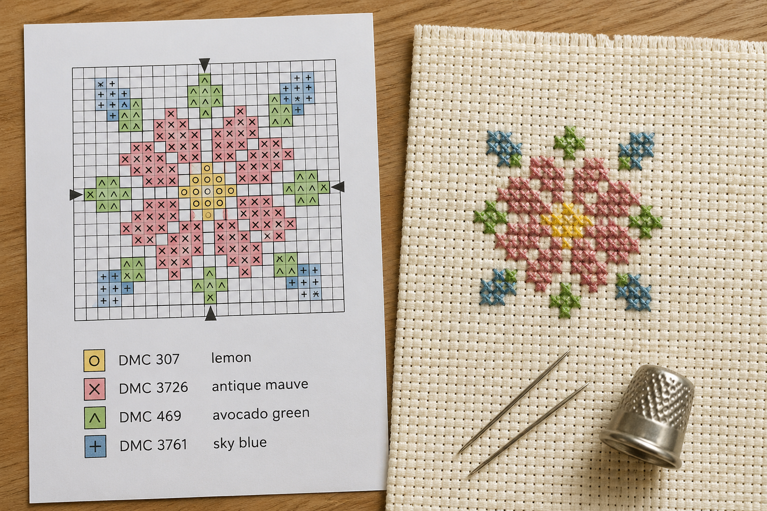 Reading cross-stitch charts: symbols, colours, centre points